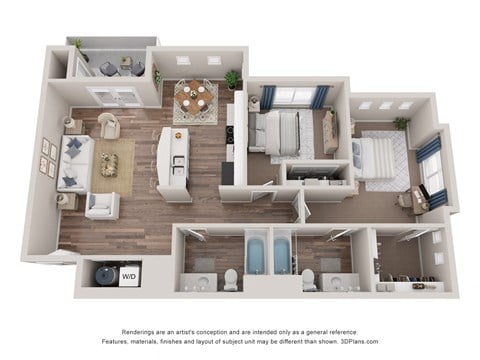 Floor plan for 2 beds, 2 baths, 1177 sqft